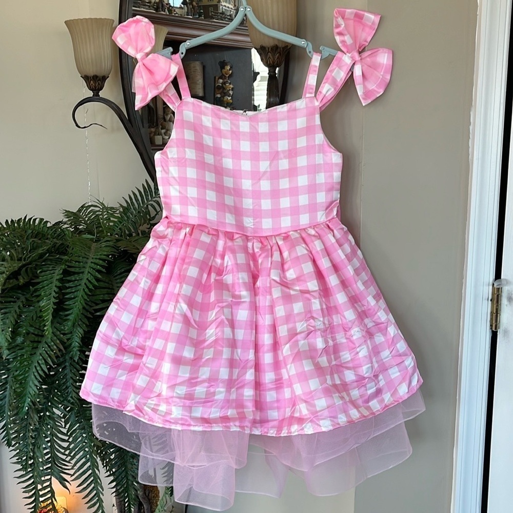 Brand New Girls Pink & White Gingham Dress Bows Matching Headband Satin Tulle